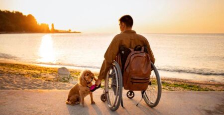 Tekerlekli sandalye adam ve köpek