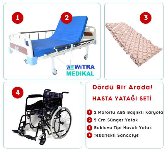 Hasta yatağı ve tekerlekli sandalye içeren bakım seti